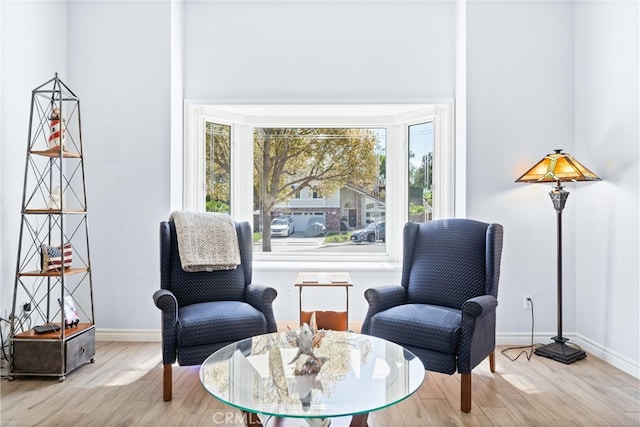 living area featuring baseboards and wood finished floors