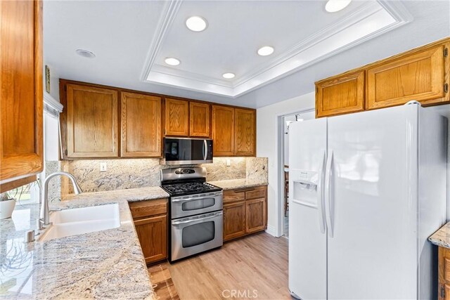 kitchen featuring a tray ceiling, stainless steel appliances, ornamental molding, and a sink