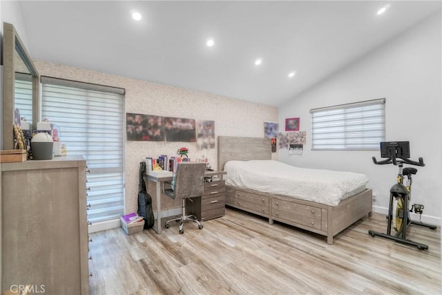 bedroom featuring wallpapered walls, baseboards, vaulted ceiling, recessed lighting, and wood finished floors