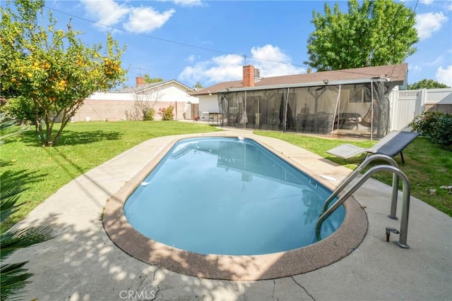 view of pool featuring a fenced in pool, a lawn, a fenced backyard, and a sunroom