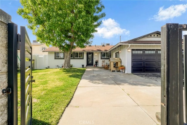 ranch-style house with a garage, concrete driveway, a front lawn, and stucco siding