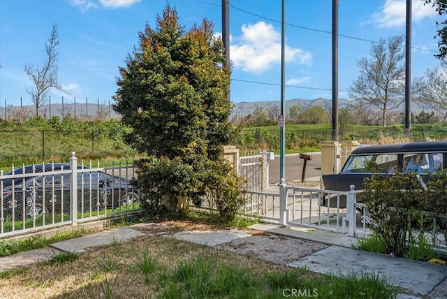 view of yard with a gate, fence, and a mountain view