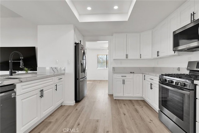 kitchen with light wood finished floors, a tray ceiling, light stone counters, stainless steel appliances, and a sink