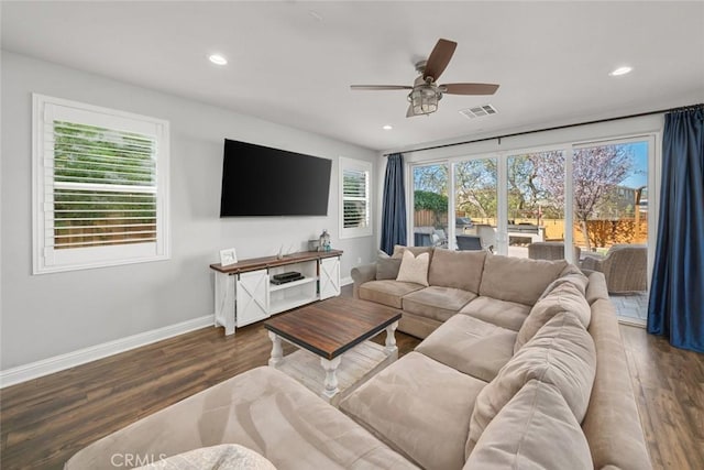 living area featuring visible vents, a ceiling fan, wood finished floors, recessed lighting, and baseboards