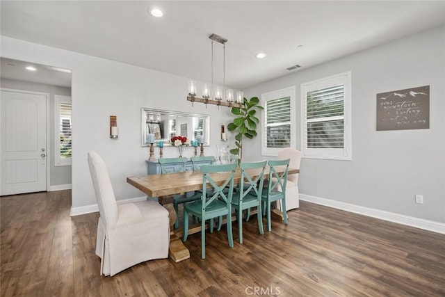 dining room featuring visible vents, recessed lighting, wood finished floors, and baseboards