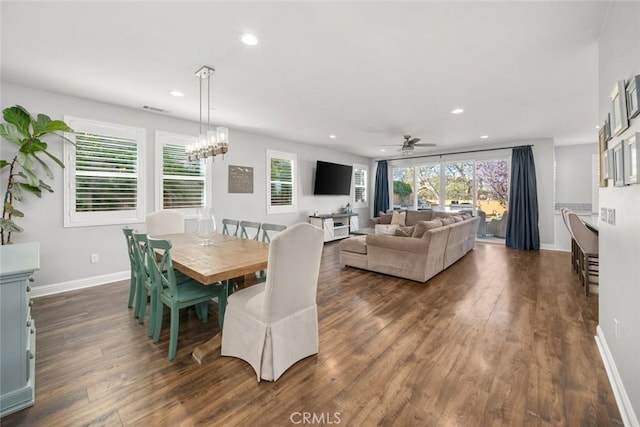 dining area featuring recessed lighting, a healthy amount of sunlight, baseboards, and dark wood-style flooring