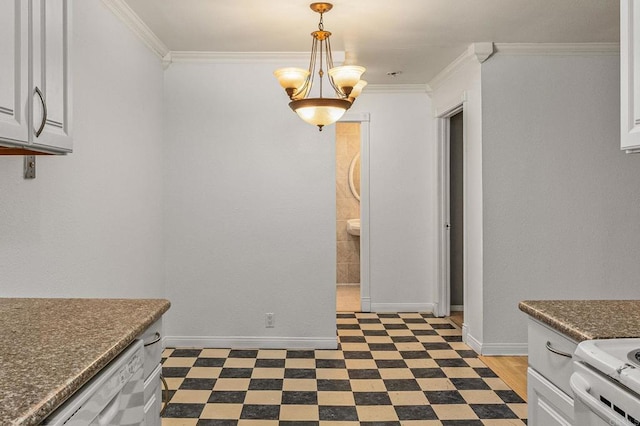 interior space featuring dishwasher, dark floors, baseboards, and ornamental molding