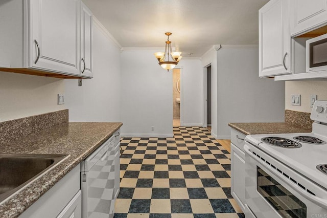 kitchen with tile patterned floors, ornamental molding, electric stove, white cabinetry, and dishwashing machine