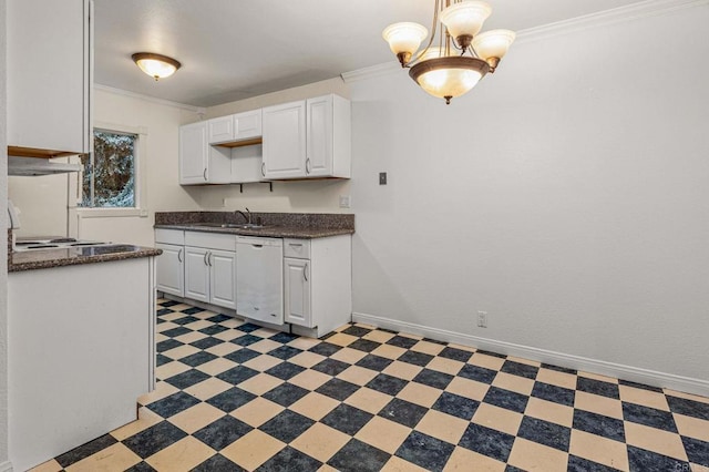 kitchen with a sink, dark countertops, white dishwasher, and crown molding