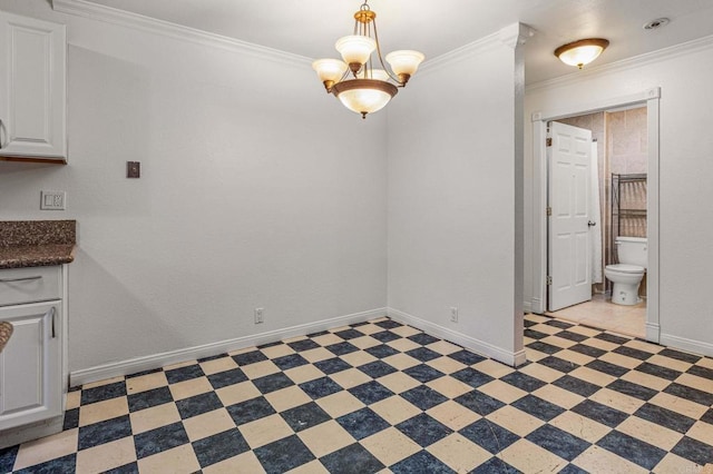 unfurnished dining area with crown molding, light floors, baseboards, and a chandelier