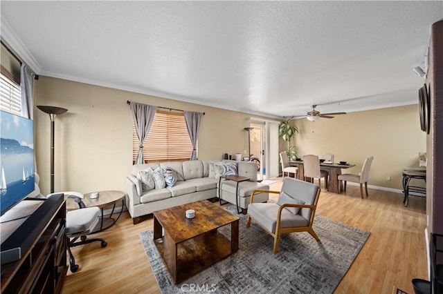 living room with baseboards, ceiling fan, light wood-style floors, a textured ceiling, and crown molding