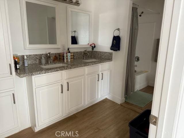 bathroom featuring double vanity, wood finished floors, and a sink