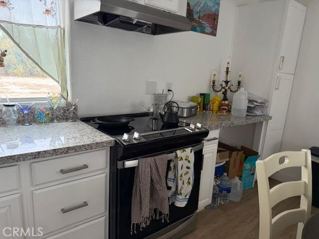 kitchen with under cabinet range hood, light stone counters, wood finished floors, electric range oven, and white cabinetry