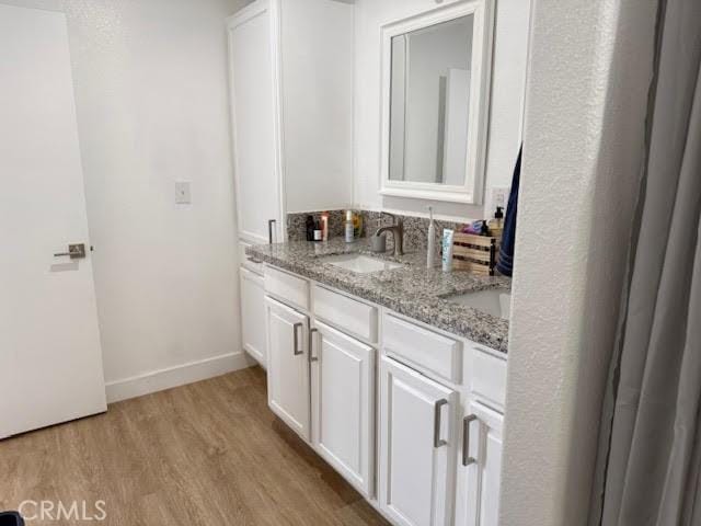 bathroom with a sink, baseboards, wood finished floors, and double vanity