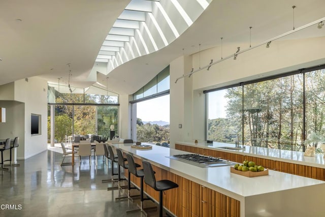 kitchen with modern cabinets, open floor plan, a high ceiling, brown cabinetry, and light countertops