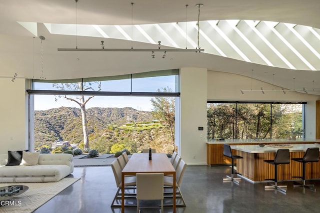 dining room featuring a wealth of natural light, a mountain view, a high ceiling, and finished concrete flooring