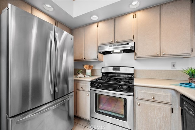 kitchen featuring light tile patterned floors, recessed lighting, stainless steel appliances, light countertops, and under cabinet range hood