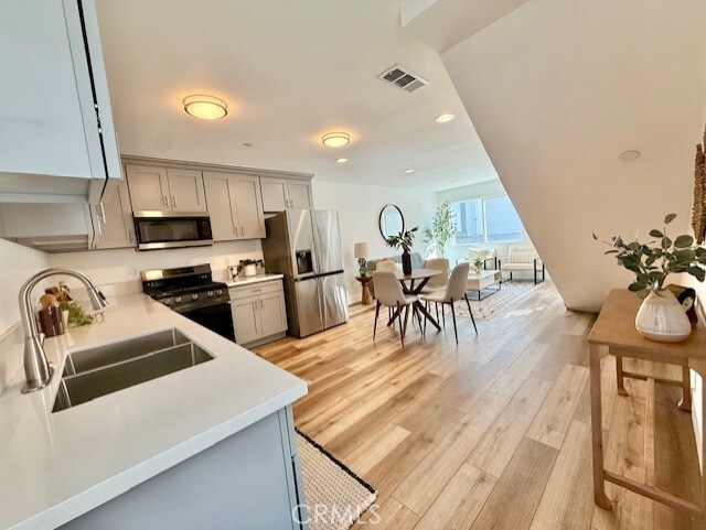 kitchen featuring visible vents, gray cabinets, a sink, light wood-style flooring, and appliances with stainless steel finishes