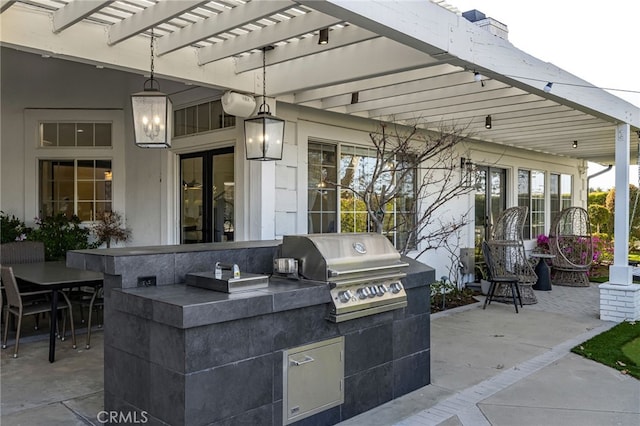 view of patio featuring grilling area, area for grilling, french doors, and a pergola