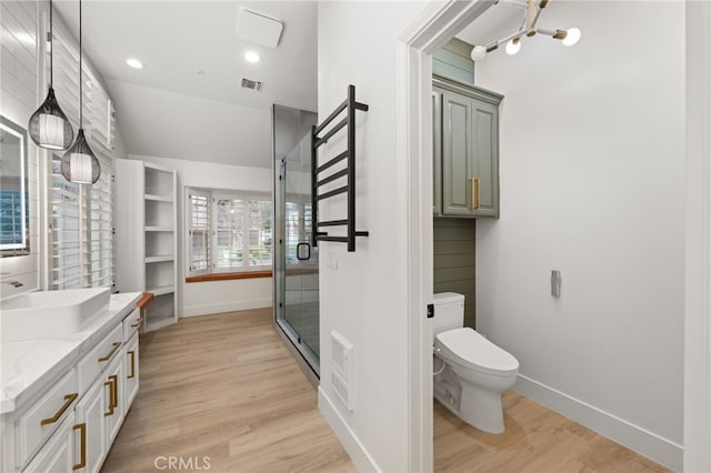 bathroom with vanity, toilet, wood finished floors, and visible vents