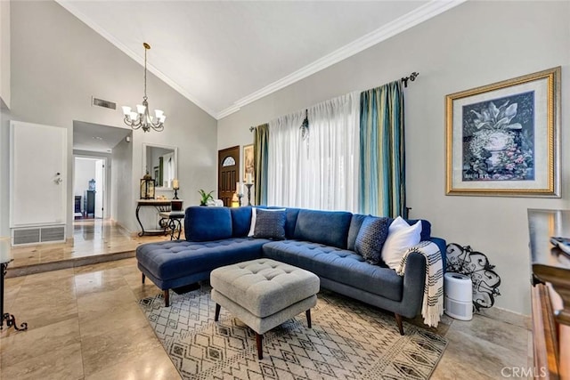 living room featuring visible vents, baseboards, a chandelier, and ornamental molding