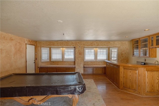 rec room featuring a textured ceiling and light wood-style flooring