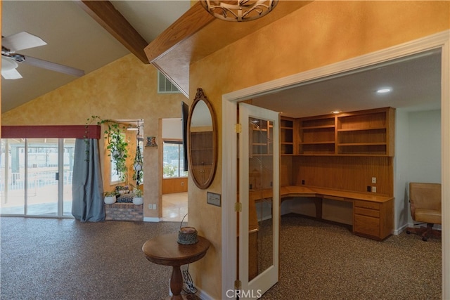 office area featuring visible vents, built in study area, high vaulted ceiling, beam ceiling, and ceiling fan