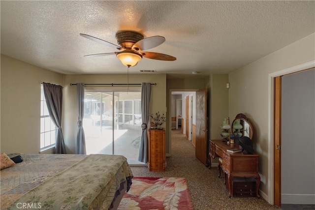 bedroom featuring visible vents, light carpet, access to exterior, baseboards, and ceiling fan