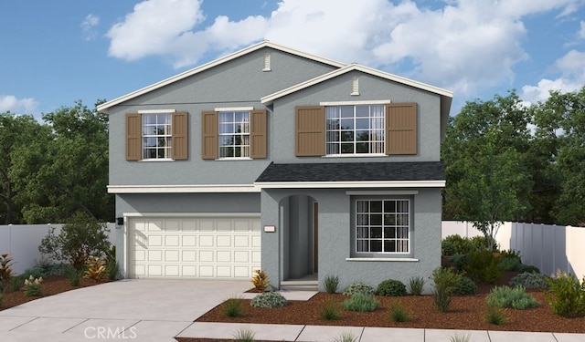 traditional home featuring stucco siding, driveway, a garage, and fence