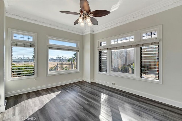 empty room featuring a wealth of natural light, baseboards, and ornamental molding