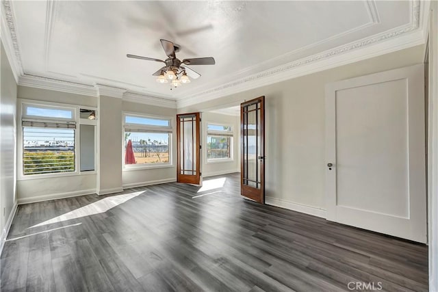 1030 E Ocean Blvd Unit 110, Long Beach, CA 90802 - spare room with baseboards, crown molding, dark wood finished floors, and ceiling fan
