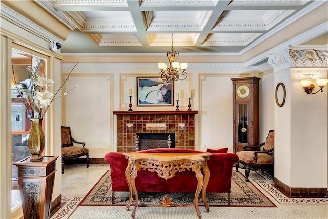 1030 E Ocean Blvd Unit 110, Long Beach, CA 90802 - sitting room featuring crown molding, coffered ceiling, baseboards, and a tile fireplace