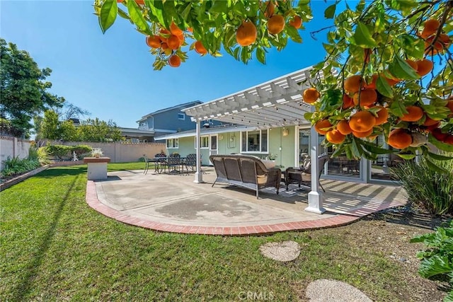 view of yard with a patio area, a pergola, and fence