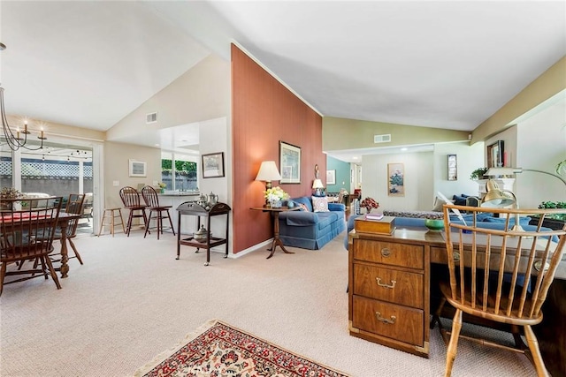 office space with a notable chandelier, baseboards, visible vents, and carpet floors