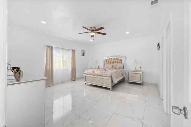 bedroom with recessed lighting, visible vents, marble finish floor, and ceiling fan