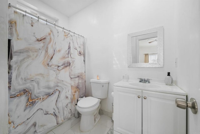 full bath featuring a shower with curtain, toilet, marble finish floor, and vanity