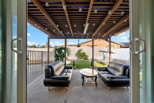 view of patio with outdoor lounge area and a fenced backyard