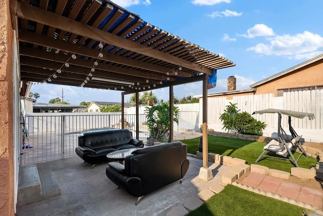 view of patio / terrace featuring a fenced backyard and a pergola