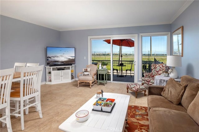 tiled living area featuring crown molding and baseboards