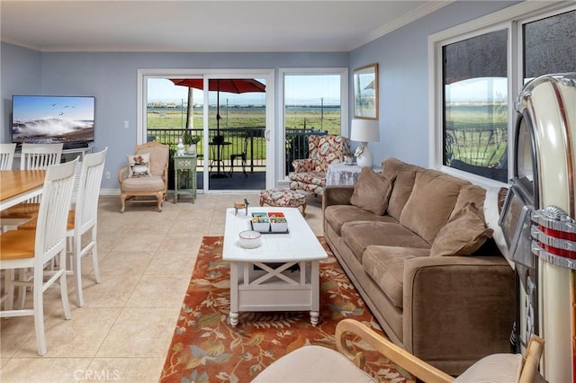 living room with light tile patterned floors, baseboards, and ornamental molding