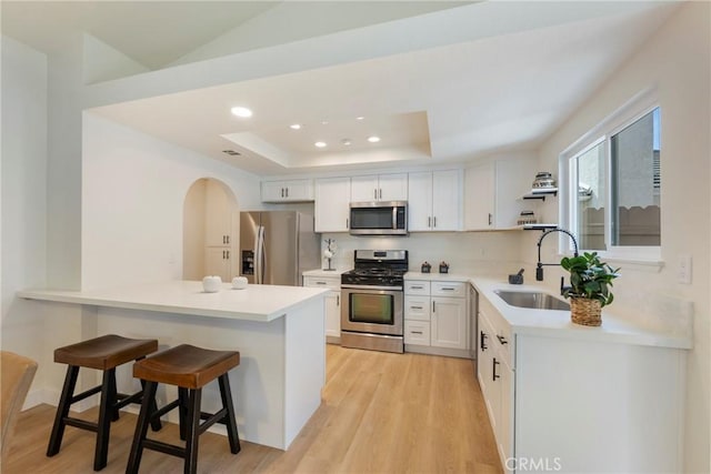 kitchen with a kitchen bar, light wood-type flooring, a sink, a tray ceiling, and appliances with stainless steel finishes