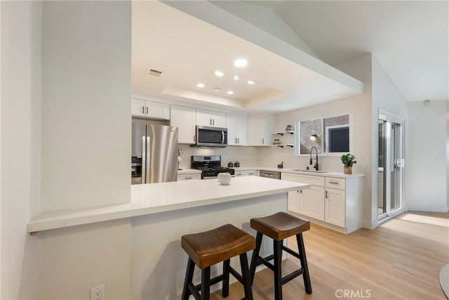 kitchen with a tray ceiling, a peninsula, a sink, stainless steel appliances, and a kitchen breakfast bar