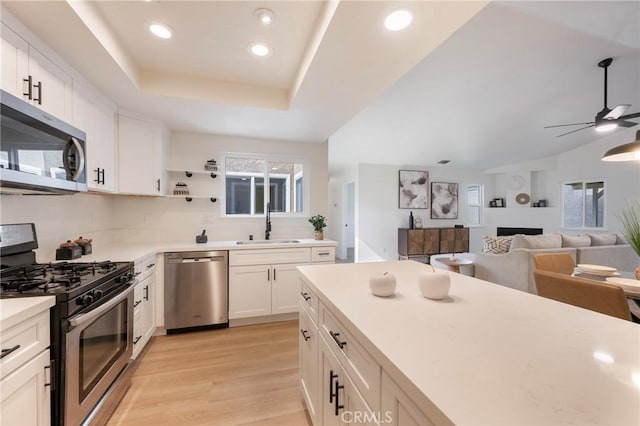 kitchen featuring a tray ceiling, light wood-style flooring, a sink, stainless steel appliances, and white cabinetry