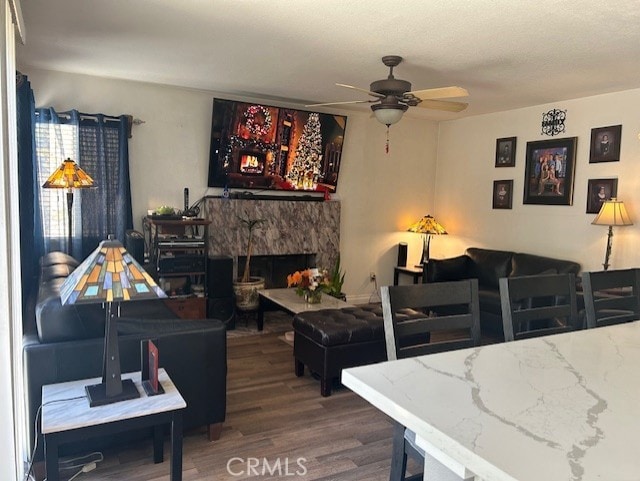 30103 Desert Rose Dr, Castaic, CA 91384 - living area with wood finished floors, a ceiling fan, and a high end fireplace