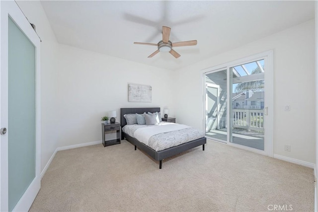 bedroom with access to exterior, carpet flooring, a ceiling fan, and baseboards