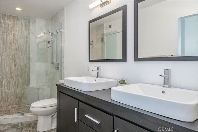 full bathroom with a shower stall, toilet, and a sink