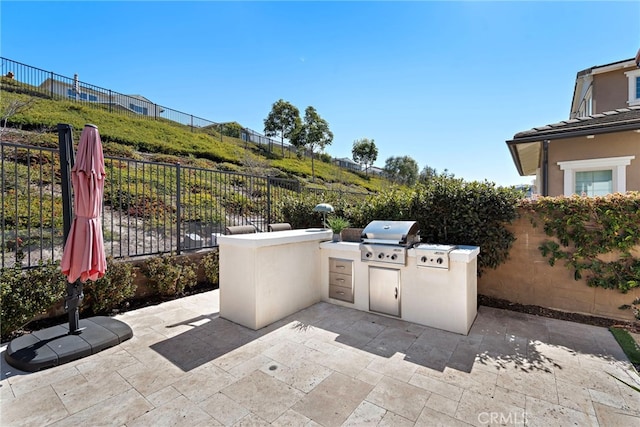 view of patio / terrace with area for grilling, exterior kitchen, and a fenced backyard