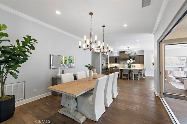 dining area featuring visible vents, ornamental molding, and dark wood-style flooring