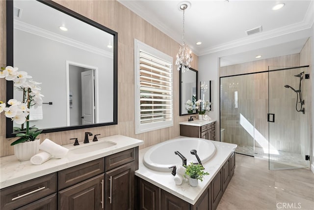 bathroom with visible vents, ornamental molding, a stall shower, and a sink