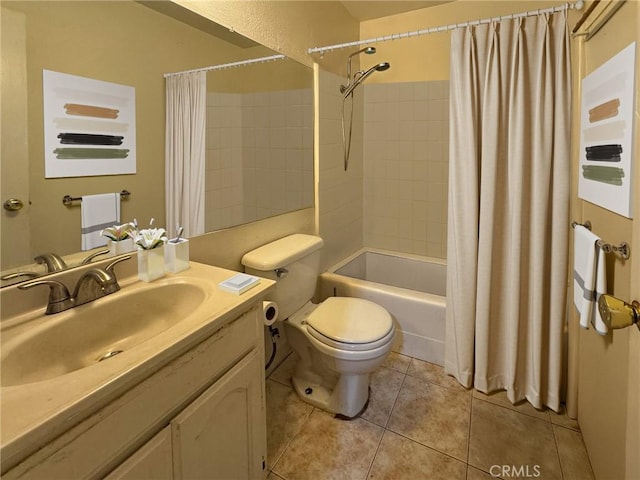 full bathroom with tile patterned flooring, toilet, vanity, and shower / bathtub combination with curtain